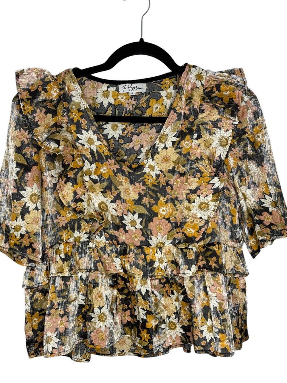 Polagram Metallic Peplum Short-sleeve Ruffle Blouse Floral Size Small